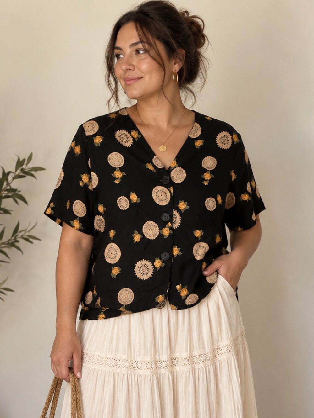 Vintage Bentley 90s Black Floral Medallion Rayon Blouse Made in USA L